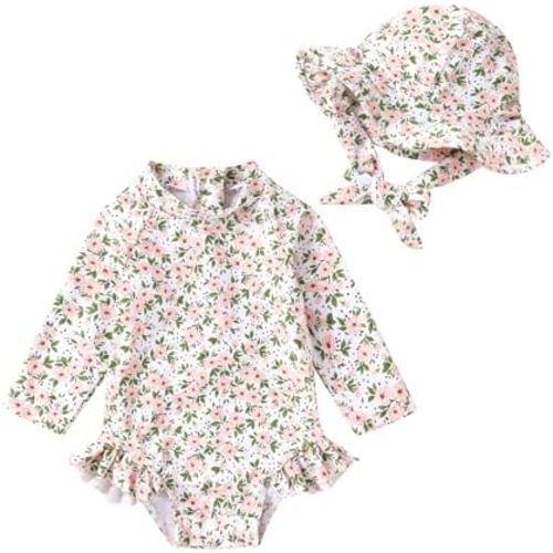 Infant Baby Girl Swimsuit One-Piece Long Sleeve Rash Guard with Hat Set Floral Zipper Bathing Suit Leopard Beach Wear