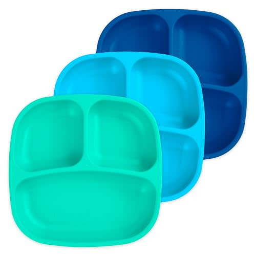 Re-Play Made in USA 7" Deep Walled Divided Plates for Kids, Set of 3 - Reusable 3 Compartment Plates, Dishwasher and Microwave Safe - 7.37" x 7.37" x 1.25", A True Blue