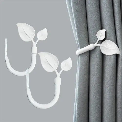 Vintage Ivory White Leaf Shaped Curtain Holdbacks 2pcs, HandmadeMetal Curtain Holders for Wall Family Home Winow Decor, Farmhouse Curtain Tieback for Drapes Window Decoration