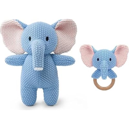 10" Crochet Elephant Stuffed Animal with Rattle, Pure Cotton Soft Crochet Doll Plush Toy for Newborn, Handmade First Birthday Gift