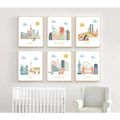 Travel Theme Nursery,Set of 6 Posters,Toronto,NYC,Sydney,Paris,San Francisco,London room decor,blue,orange,yellow,green,pink
