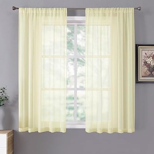 Tollpiz Short Sheer Curtains Linen Textured Living Room Curtain Sheers Light Filtering Rod Pocket Voile Curtains for Bedroom, 42 x 45 inches Long, Transparent Yellow, Set of 2 Panels