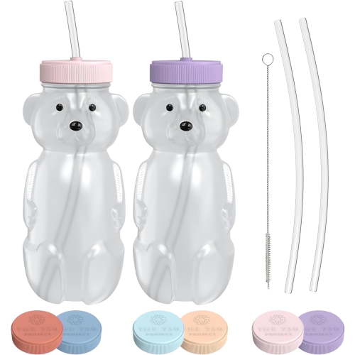 The 730 Project Honey Bear Straw Cup for Toddlers with Travel Lid - 8oz, Therapy Set Baby Bottle, Pink & Purple, 2-Pack