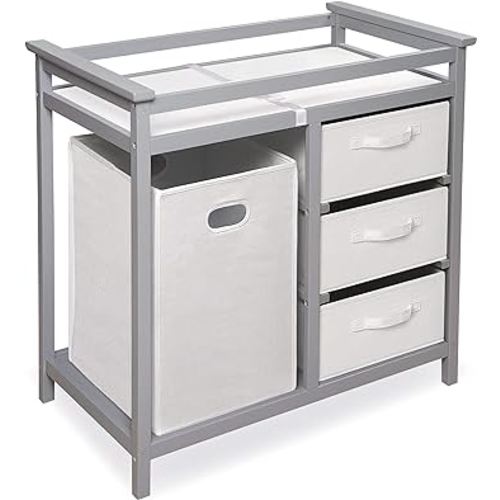 Badger Basket Modern Baby Changing Table with Laundry Hamper, 3 Storage Drawers and Pad, Diaper Change Station - Gray/White