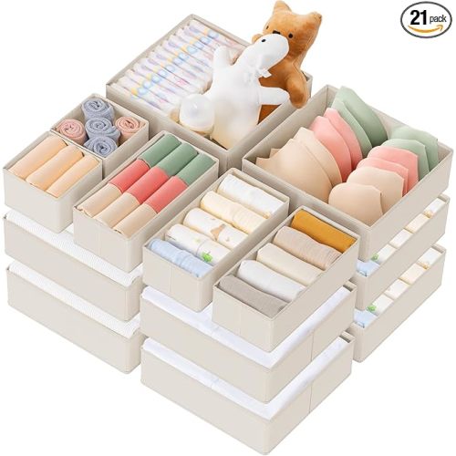 Drawer Organizer Clothes, 21 Pack Dresser Organizer for Baby Clothes, Underwear, Sock - Foldable Closet Organization and Storage Dividers Bins for Nursery, Bedroom (Oatmeal)