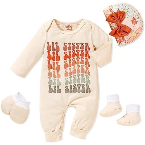 Sinhoon Newborn Baby Girl Romper Infant Letter Print Bodysuit Jumpsuit+Hat+Gloves+Socks 4Pcs Coming Home Clothes Outfit