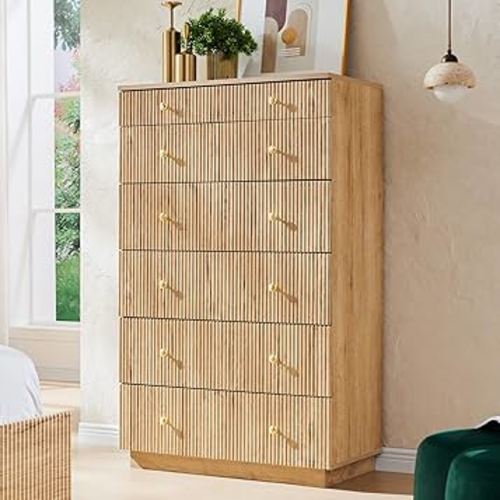 Fluted Dresser for Bedroom, 48" H 7 Drawer Dressers, Wood Tall Dresser Storage Organizer, Modern Bedroom Chest with Deep Storage for Closet Hallway, Entryway, Living Room Natural