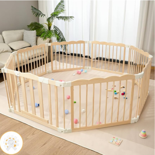 Baby Playpen Natural Wood Playpen for Babies and Toddlers Portable Infant Play pens for Kids Extra Large Toddler Wood Fence Play Area with Suction Cups(Foldable Connector)
