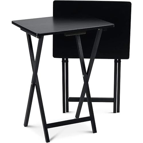 PJ Wood 2-Pack TV Tray Folding Dinner Table w/Collapsible Storage Rack, Black