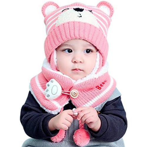 Baby Beanie Hat Scarf, Newborn Toddler Winter Warm Knit Cap, Fleece Lining Winter Warm HAT for Little Boys Girls