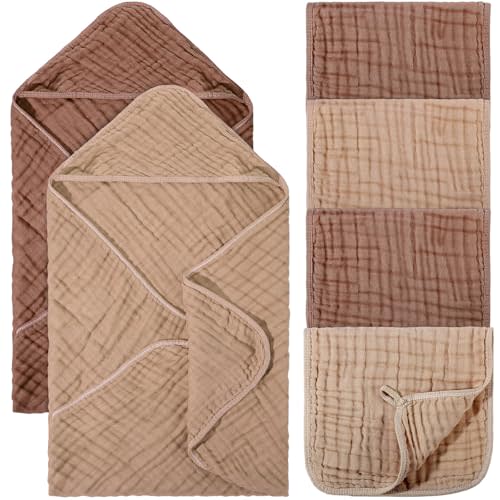 VitalCozy 6 Pcs Baby Muslin Hooded Bath Towels and Washcloths, 32 x 32 Inch Muslin Cotton Hooded Baby Towels Absorbent Hooded Blankets for Gift Newborn Infant Shower (Brown,Coffee)