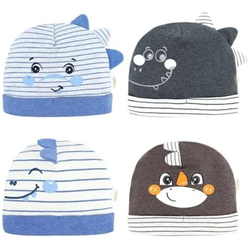 DOKMA Organic Cotton Toddler Hat Set 4 with Cute Dinosaur Design for Baby Boy, Baby Girl 0-6 Months