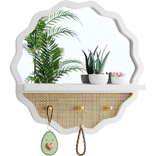 Mirror with Hooks, 20x20 Inch Bathroom Mirror with Shelf Entryway Mirror with Hooks Boho Mirror Round Wall Mirror with Shelf and Hooks, Circle Wood Vanity Mirror Decorative for Wall, White
