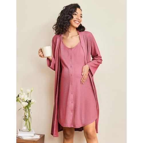 Ekouaer Maternity Nursing Gown and Robe Set 2 Piece Waffle Breastfeeding Nightgown 3 in 1 Labor and Delivery Hospital Gown
