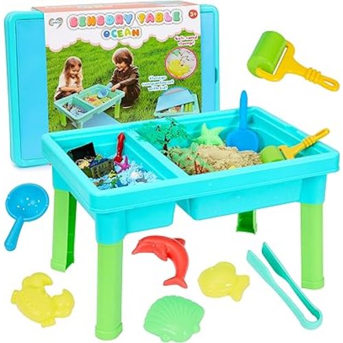 Ocean Sensory Table With Sands, Bin With Lid, Indoor Outdoor Use, Sand Art Kit for Boys and Girls, Toys for Toddlers Age 3-5, 17x11.5x10.2 Inches