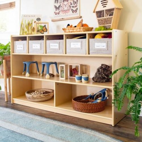 Guidecraft Edq Shelves And 5 Bin Storage Unit 30" - Natural: Children's Wooden Toy Storage Organizer For Kids' Bedrooms And Playrooms