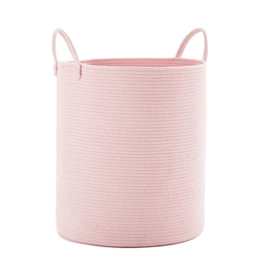 MOJOSCEND Pink Hamper Laundry Basket for Baby Girls Nursery Hamper for Kids Woven Rope Clothes Basket for Little Girls Room Bedroom Light Pink Kawaii Laundry Bin