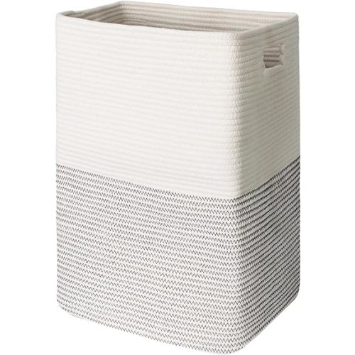 Large Laundry Hamper, 16"x13"x22" Tall Woven Laundry Basket, Cotton Rope Storage Basket for Blankets for Living Room, Wicker Dirty Clothes Nursery Hamper, Bedroom Aesthetic, Black Stripe, 75L