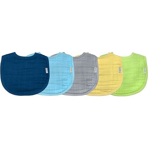 Muslin Bibs made from Organic Cotton (5 pack)| 4 absorbent layers protect from sniffles, drips, & drools | 100% Organic cotton muslin, Adjustable snap closure, Machine washable