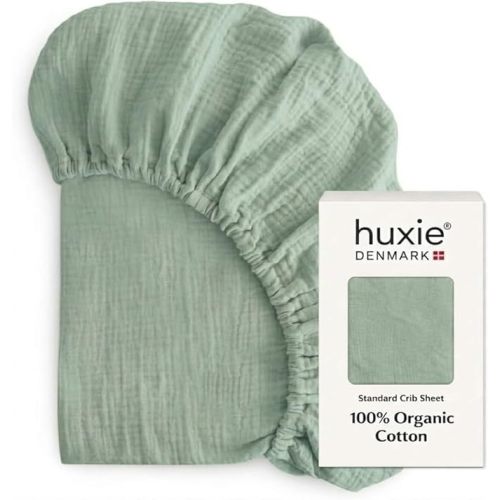 Crib Sheets – Organic Cotton Muslin Fitted Crib Sheet – Standard Size for Baby Boys 28" x 52" Ultra-Soft and Breathable. 2-Pack (Fog/Roman Green)