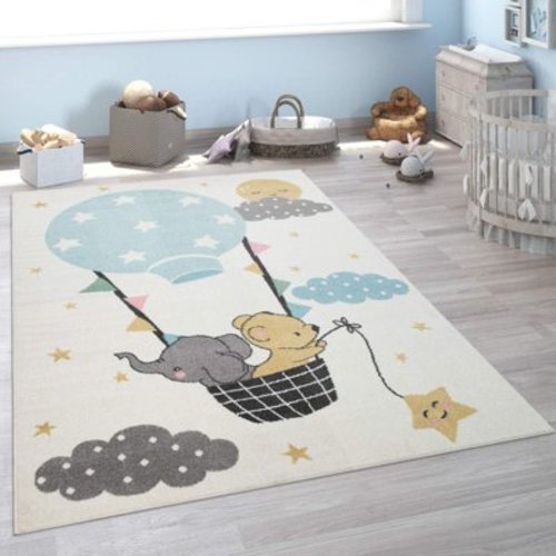 Kid's Rug for Children's Bedroom with an Elephant, Bear and Balloon Motive in Beige, Size: 2'8" x 4'11"