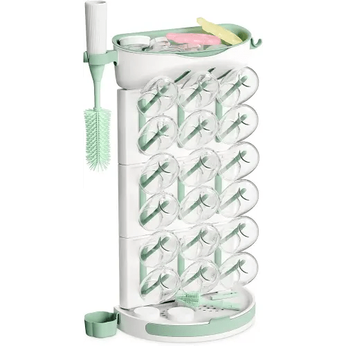 Momcozy DIY Larger Bottle Drying Rack for 18 Bottles, Space Saving Countertop Vertical Rack with Brushes Holder, Detachable Travel Bottle Rack for Baby Accessories & Pump Parts