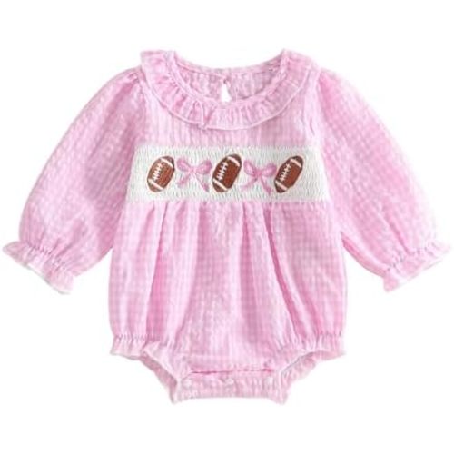 Kuriozud Newborn Baby Girl Football Outfit Smocked Ruffle Romper Jumpsuit Cute Baby Girl Clothes