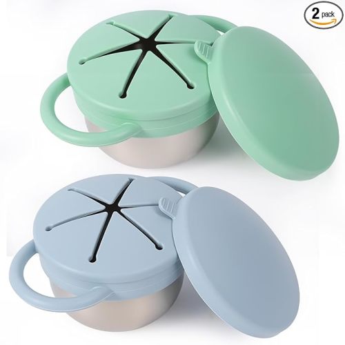 2 Pack Stainless Steel Spill Proof Snack Cup for Baby Toddlers Kids, with Silicone Food Catcher, Travel Lid, Spill-Proof Bowl Containers, Toddlers Essentials, Non Toxic BPA Free