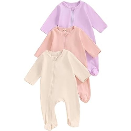 Merqwadd Baby Girl Zipper Pajama Footies 3 Pack Cotton Sleeper Coming Home Infant Clothes