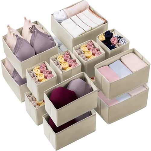 Kootek 16 Pack Drawer Organizer Clothes, Dresser Drawer Organizers for Clothing Fabric Foldable Closet Organizers and Storage Bins for Baby Clothes, Nursery, Underwear, Bras, Socks - 2 - Beige