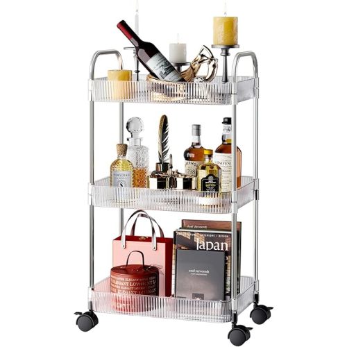 3 Tier Rolling Cart with Wheels,Utility Trolley with Handle,Clear Acrylic Movable Storage Organizer for Kitchen,Bathroom,Nursery,Laundry,Book,Snack,Craft