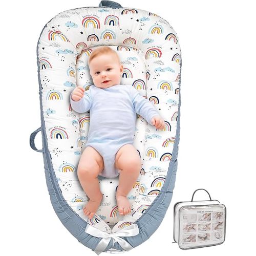 Baby Lounger, Ultra Breathable Soft Cotton Perfect for Tummy Time, Portable & Adjustable Infant Floor Seat for Traveling | Newborn Shower Gift(Rainbow)
