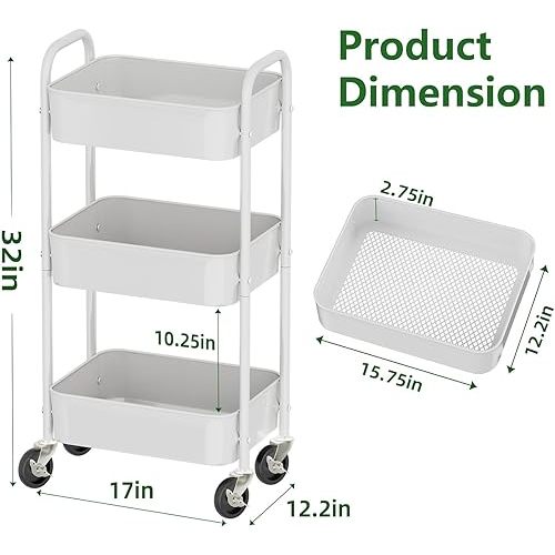 Simple Trending 3 Tier Metal Cart on Wheels, Heavy Duty Rolling Storage Cart for Kitchen to Organize Books Snacks Tools, White