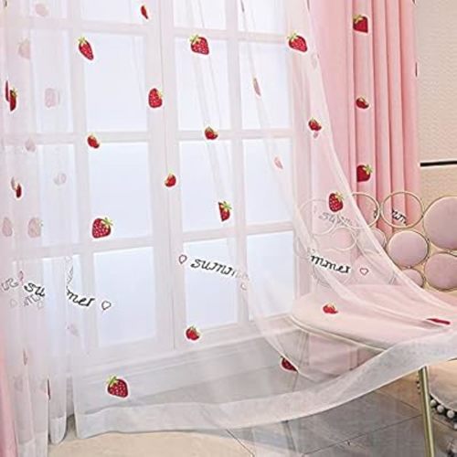 White Embroidery Sheer Curtain for Living Room Kids Bedroom Kitchen Rod Pocket Top, Strawberry Embroidered Tulle Drape, 1 Panel, W54 x L63 inch