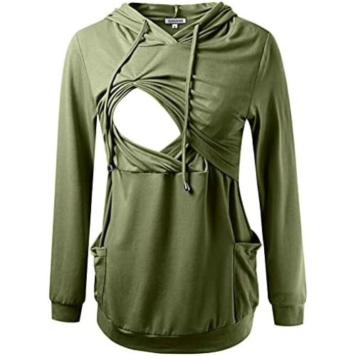 GINKANA Womens Nursing Hoodie Top Sweatshirt Long Sleeve Button Decoration Pockets Shirts Tunic Top