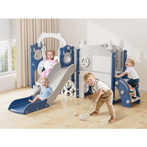 YUFU 13 in 1 Toddler Slide and Swing Set, Kids Slide for Toddlers Age 1-3, Toddler Playset with Golf Set, Basketball Hoop and Drawing Board, Outdoor Indoor Playground (Blue)