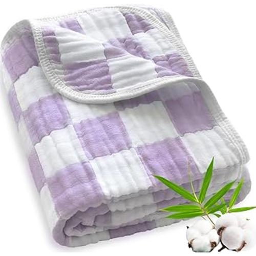 Muslin Swaddle Blankets, Ultra Soft Checkered Receiving Blankets for Baby Boys and Girls, 43 x 43 Inches Baby Swaddle Neutral Wrap 70% Cotton and 30% Rayon Purple