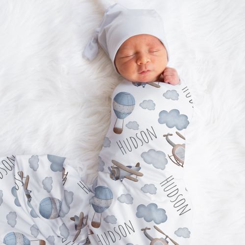 Custom Airplane Baby Name Blanket, Personalized Baby Hot Air Balloon Swaddle, New Mom Gift, Newborn Gift, Adventure Baby Shower Gift