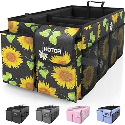 HOTOR Trunk Organizer for Car - Car Organizer, Foldable Trunk organizer for SUVs & Sedans, Sturdy Car Organization for Car Accessories, Tools, Sundries, Sunflower, 2 Compartments, 21.3"×12.6"×10.6"
