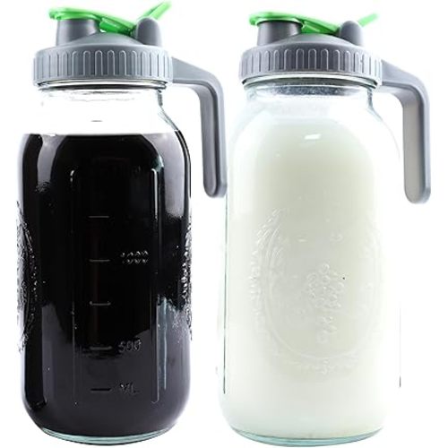 Mason Jars Pitcher Half Gallon (2 Set) Glass Breastmilk Formula Pitcher For Fridge 2 Quart Wide Mouth Jugs With Top Flip Cap & Pour Spout For Cold Coffee, Sun Tea Airtight Storage & Leakproof 64 Oz