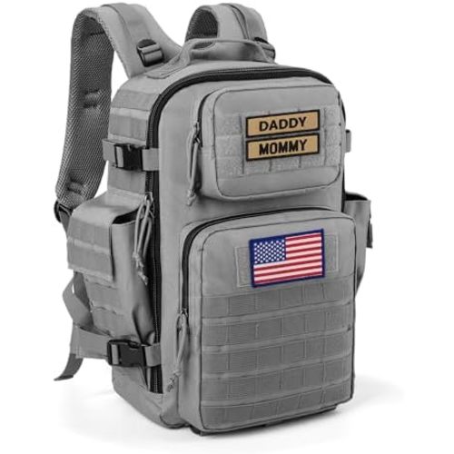SHARKMOUTH Baby Diaper Bag for Dad - Military Diaper Backpack with Patches for Outdoor Hiking Travel Camping Park - Baby Shower Gifts Gray