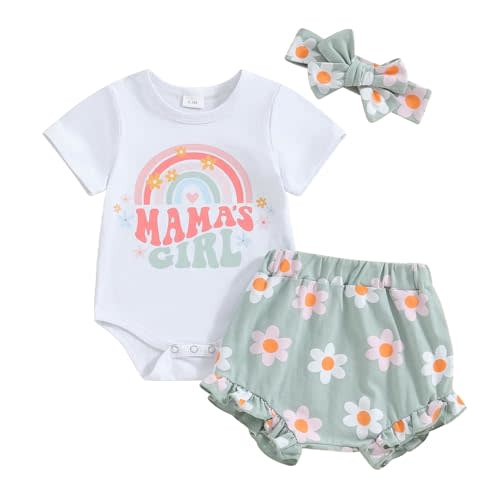 DNOMAID YZARC Newborn Baby Girl Clothes Mama's Girl Short Sleeve Romper Flower Ruffle Shorts Headband Set 3Pcs Summer Outfits