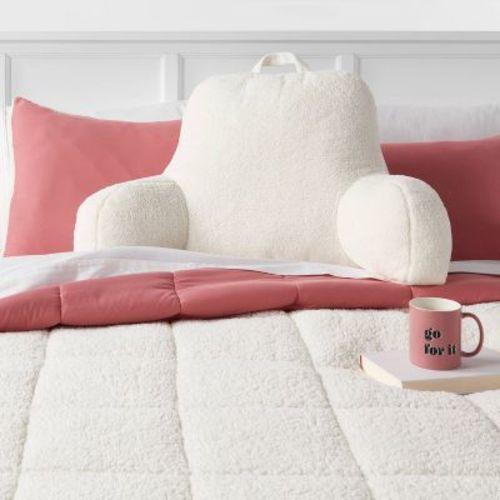Faux Shearling Bed Rest Pillow Cream - Room Essentials: Supportive Backrest for Dorm Hypoallergenic Fill