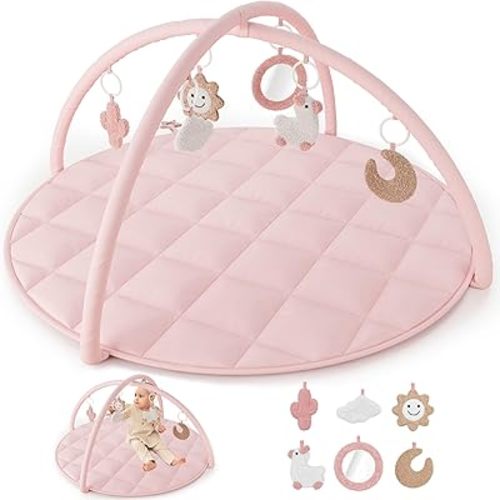 Beautiful Baby Play Gym and Tummy Time Mat - Soft Cotton Mat with 6 Cute Toys Creates The Perfect Activity Area for Your Girl/Boy - Stylish Infant Floor Playmat Fits Nicely with Any Playroom Decor