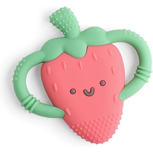 Itzy Ritzy Strawberry-Shaped Baby Teether with Handles; Silicone Teether for Babies with Easy-Grab Handles and Textured, Teethable Surfaces - Baby Teething Toy for 3 Months & Up (Strawberry)