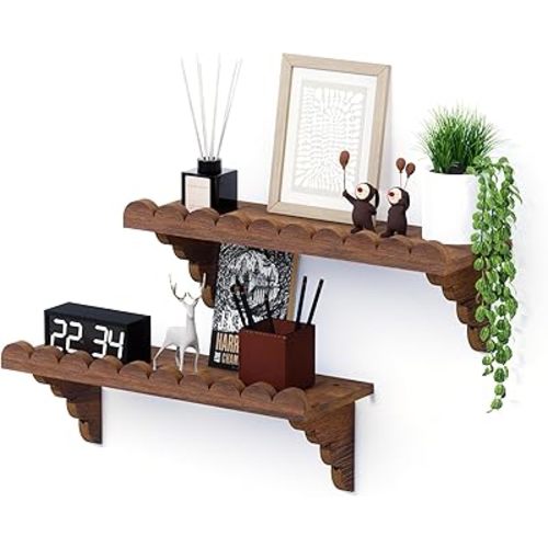 QsQueen Scalloped Wood Wall Shelf – 17 Inch Floating Shelf with Wood Brackets, Easy to Install Rustic Wall Shelf for Living Room, Bedroom, Bathroom, or Any Space