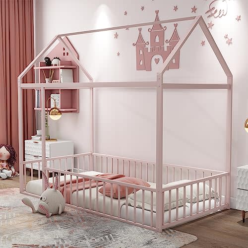 Bellemave Twin Size Montessori Floor Bed, Metal House Bed Frame, House Floor Bed for Kids, Montessori Floor Bed with Fence, Playhouse for Kids, Pink with roof