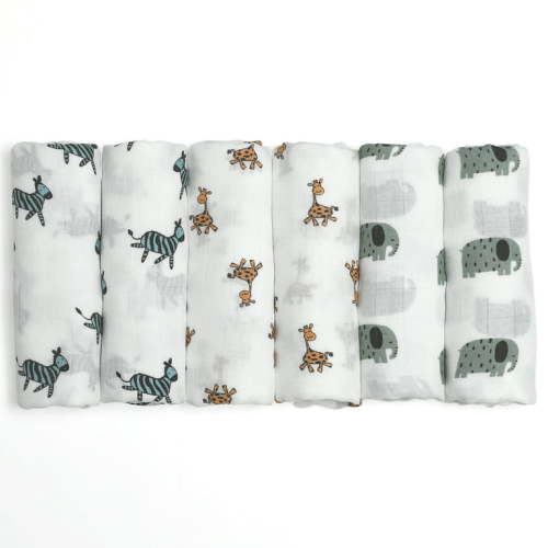 Gllquen Baby Muslin Swaddle Blankets 6-Pack, Soft Receiving Swaddles, Breathable Unisex for Newborns Infant Boys and Girls, 27 X 27", Elephant and Giraffe