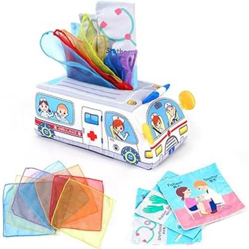 Jollybaby Sensory Pull Along Toddler Infant Baby Tissue Box, Fill & Spill Juggling Rainbow Dance Scarves for Kids STEM Montessori Educational Manipulative Preschool Learning Toys 1-2(Ambulance)
