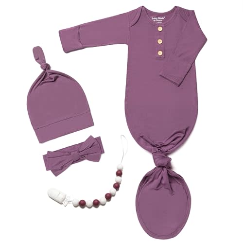 Newborn Baby Knotted Gown, Super Soft Silky Infant Sleeper, Baby Girl Sleep Gown with Mittens, Bow, Clip and Hat Set